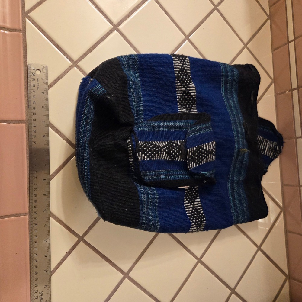 Baja Mexican Blanket Backpack Woven Blue Black Striped Boho Hippie Rucksack